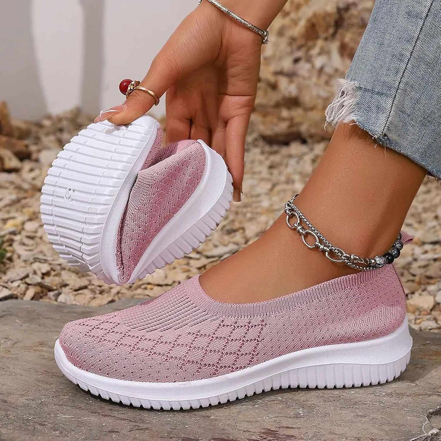 Women's Slip On Comfy Walking Shoes,Lightweight Breathe Mesh Orthotic Cushion Softsole Nursing Sneakers Flip Flops