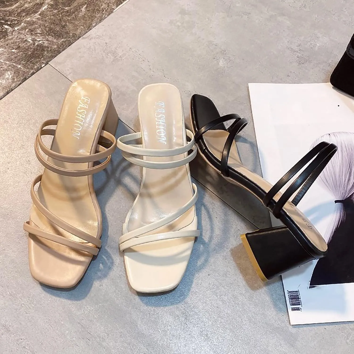 Women's Summer High Heeled Thick Heeled Open Toe Sandal With Square Head Tie up Flat Sandals for Women Sandals