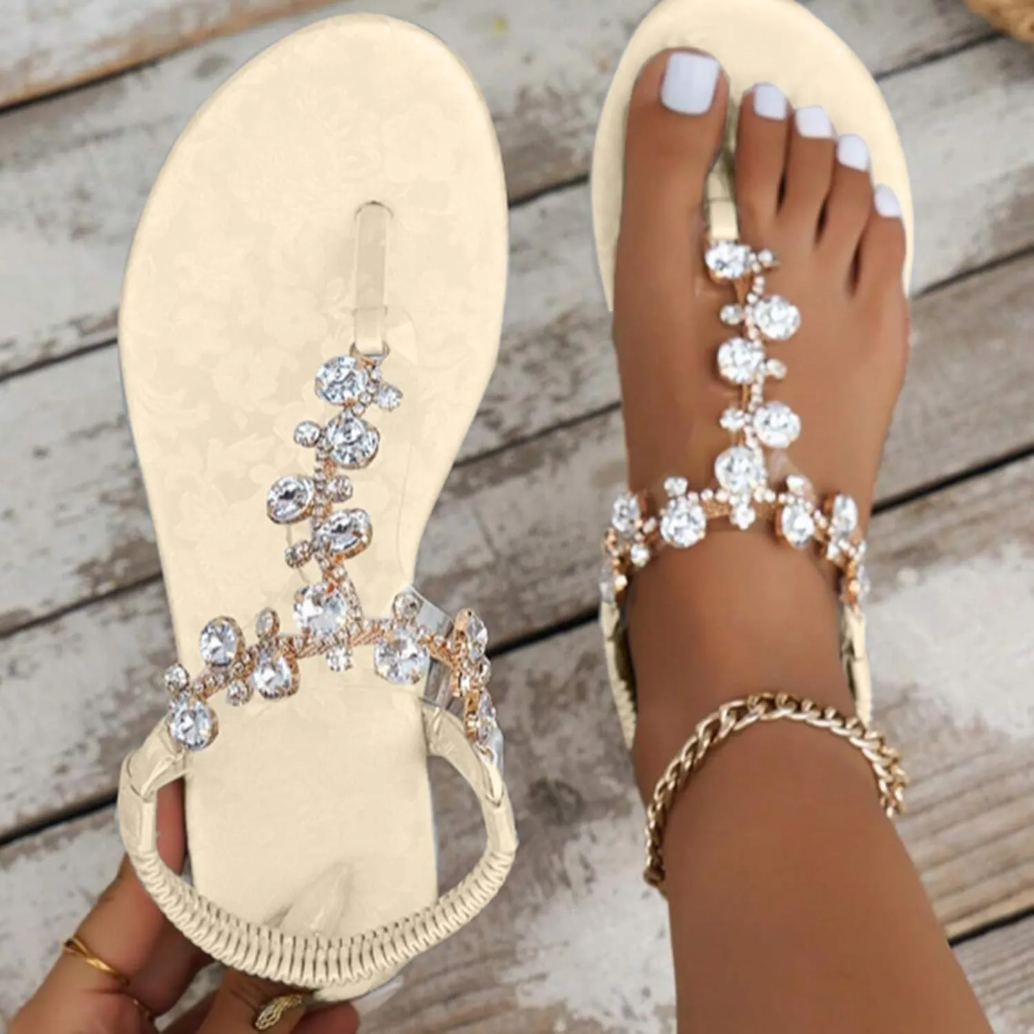 Women's Summer New Korean Version Foot Set Rhinestone Oversized Beach Clip Toe Sandals Womens Slide Sandals Rose