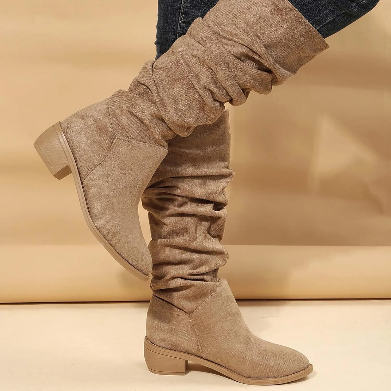 Women's Wide Calf Knee High Boots Chunky Block Heel Boots Comfortable Pull On Fall Weather Winter Riding Boots