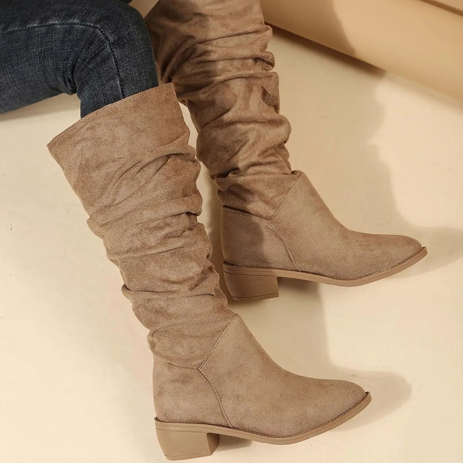 Women's Wide Calf Knee High Boots Chunky Block Heel Boots Comfortable Pull On Fall Weather Winter Riding Boots