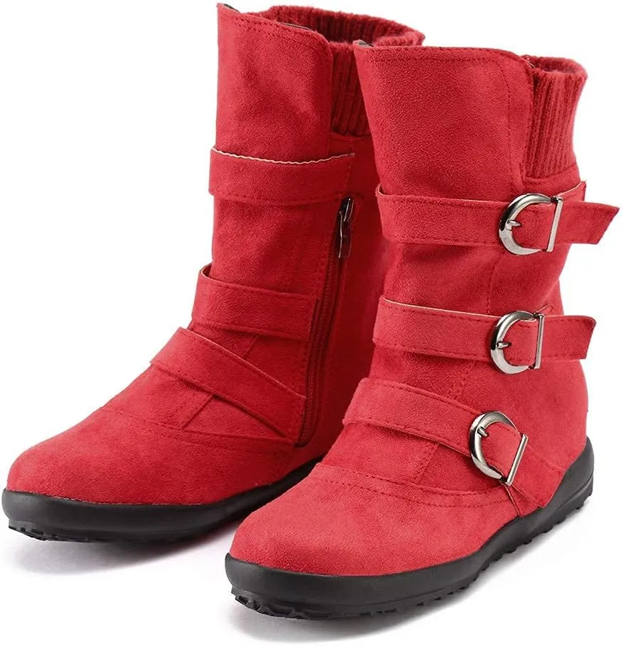 ZBYY Women's Flat Heel Calf Boots Side Zipper Slouch Wide Calf Ankle Booties Fashion Round Toe Buckle Winter Booties