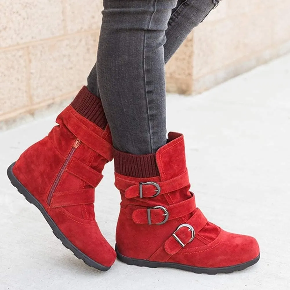 ZBYY Women's Flat Heel Calf Boots Side Zipper Slouch Wide Calf Ankle Booties Fashion Round Toe Buckle Winter Booties