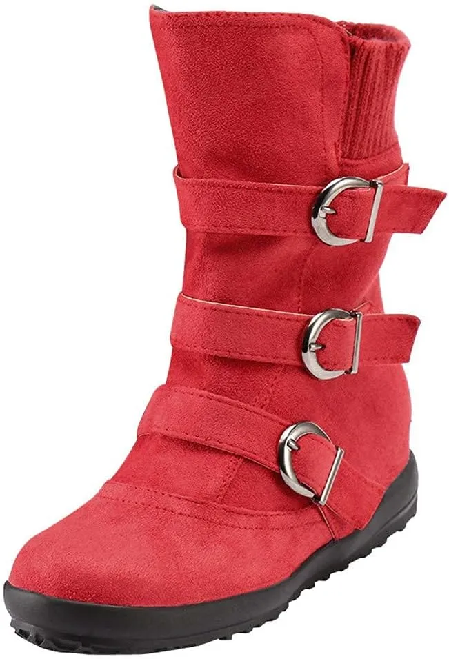 ZBYY Women's Flat Heel Calf Boots Side Zipper Slouch Wide Calf Ankle Booties Fashion Round Toe Buckle Winter Booties
