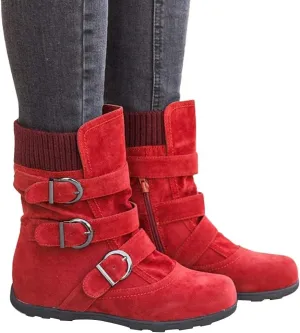 ZBYY Women's Flat Heel Calf Boots Side Zipper Slouch Wide Calf Ankle Booties Fashion Round Toe Buckle Winter Booties
