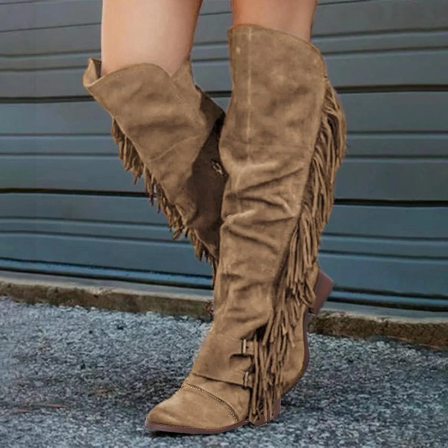 ZBYY Women's Knee High Boots Casual Over The Knee Retro Fringe Moccasin Flat Heel Zipper Long Boots Square Heels Shoes