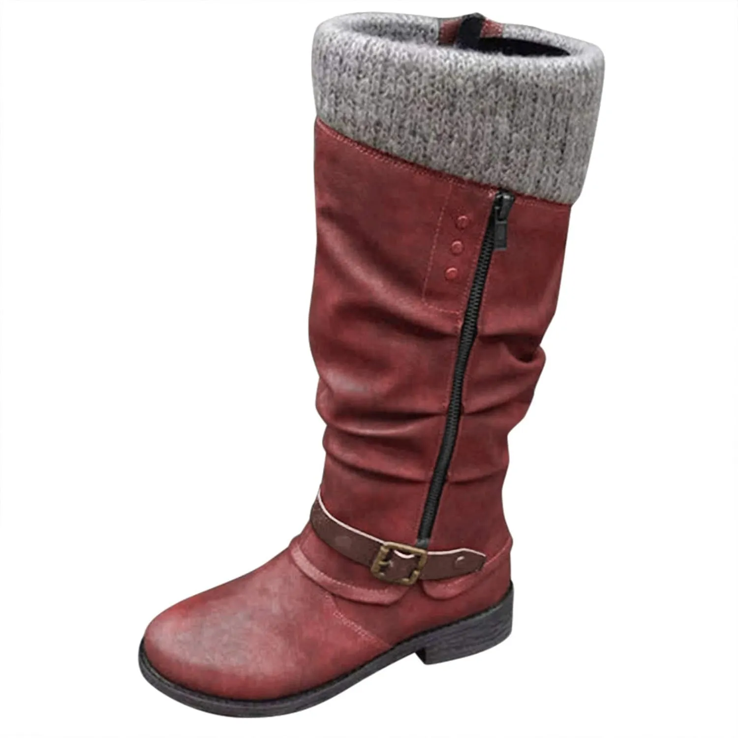 ZBYY Women's Knee High Boot,Winter Warm Side Zipper Knee High Riding Boots Low Heel Buckle Mid Calf Fashion Boots