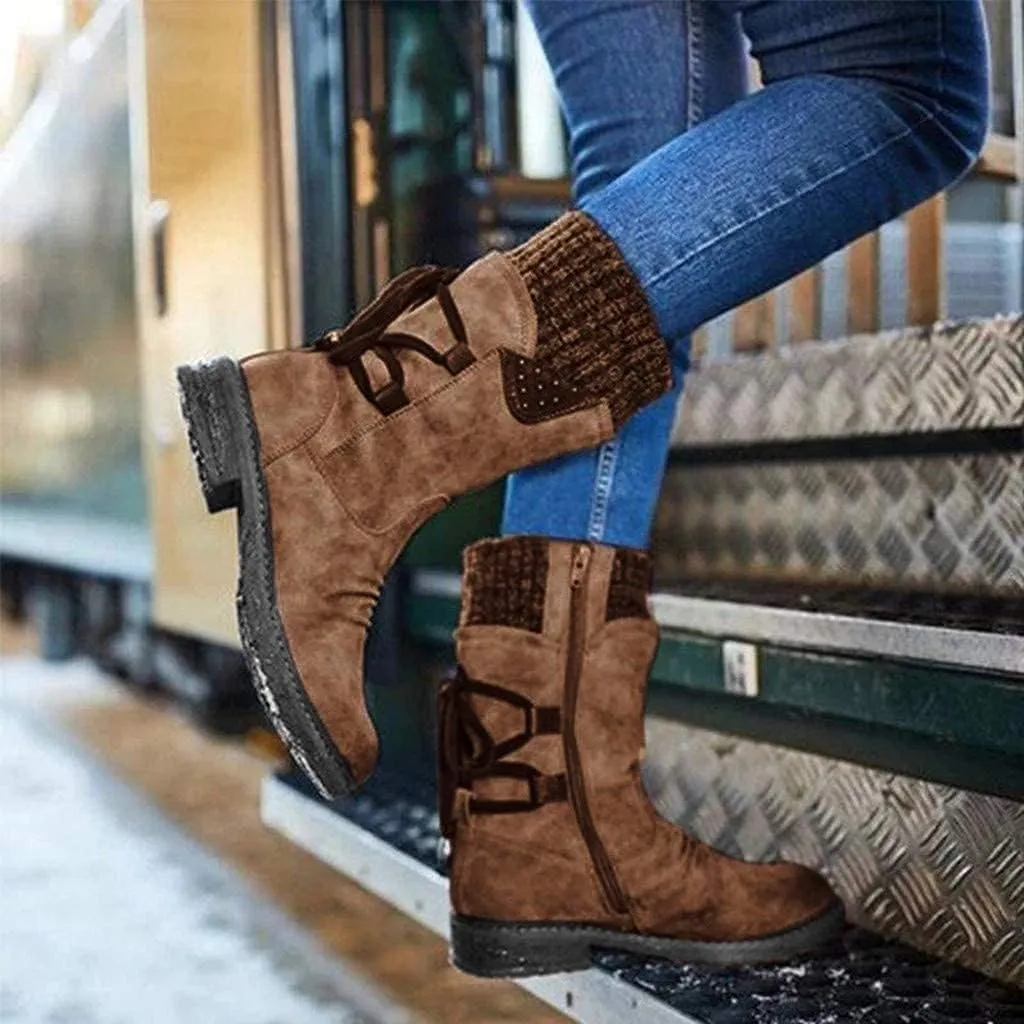ZBYY Women's Knee High Riding Boots Winter Vintage Lace up Mid Calf Knee High Boots Side Zipper Round Toe Low Heel Boots