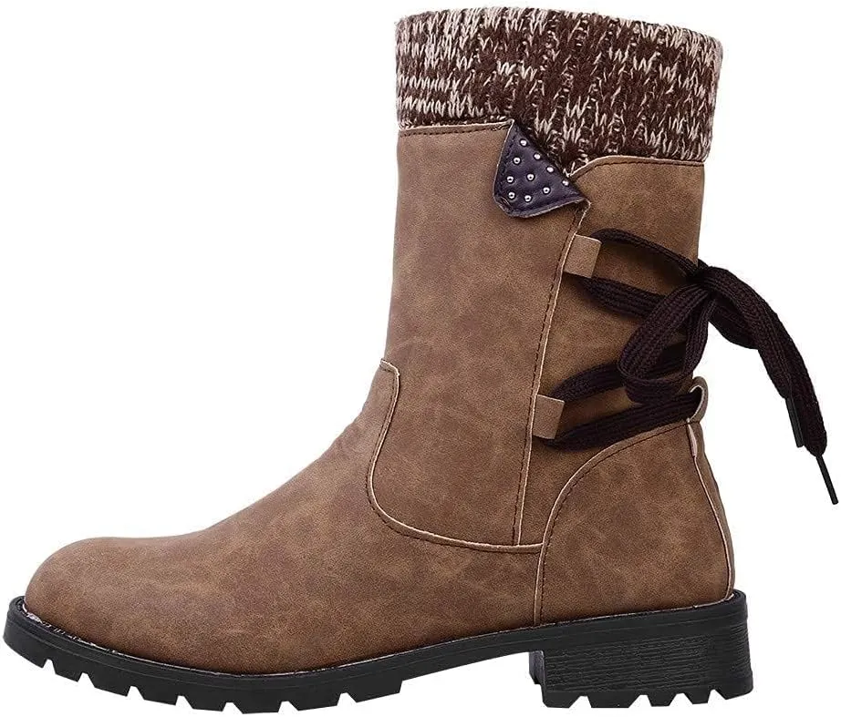 ZBYY Women's Knee High Riding Boots Winter Vintage Lace up Mid Calf Knee High Boots Side Zipper Round Toe Low Heel Boots