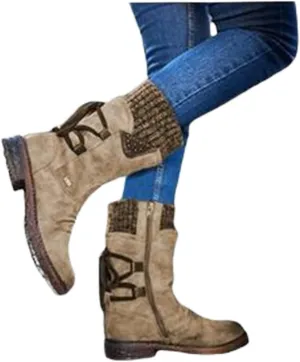 ZBYY Women's Knee High Riding Boots Winter Vintage Lace up Mid Calf Knee High Boots Side Zipper Round Toe Low Heel Boots