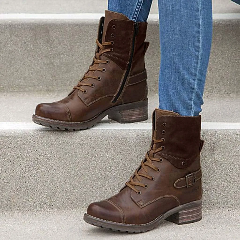 ZBYY Women's Military Combat Boots Lace Up Ankle High Low Chunky Heel Boots Pockets Buckle Strap Mid Ankle Boots