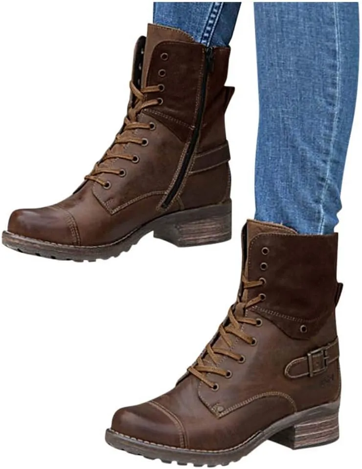 ZBYY Women's Military Combat Boots Lace Up Ankle High Low Chunky Heel Boots Pockets Buckle Strap Mid Ankle Boots