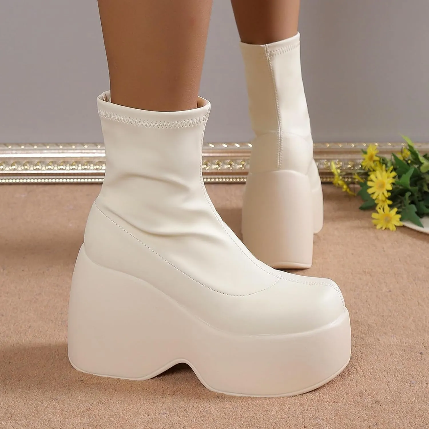 ZKXYFFS Women's Mid Calf Platform Boots Round Toe Zipper Wedge High Heel Combat Boots Knee High Boots Punk Goth Motorcycle Boots