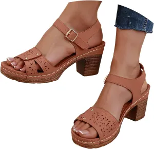 ZSpzx Block Heel Sandals for Women 2025 Comfort Dressy Summer Arch Support Women's Chunky Mid Heels Low Open Toe Ankle Strap Sandal Dress Straps Hollow Out Comfortable Walking Shoes for Daily Wear
