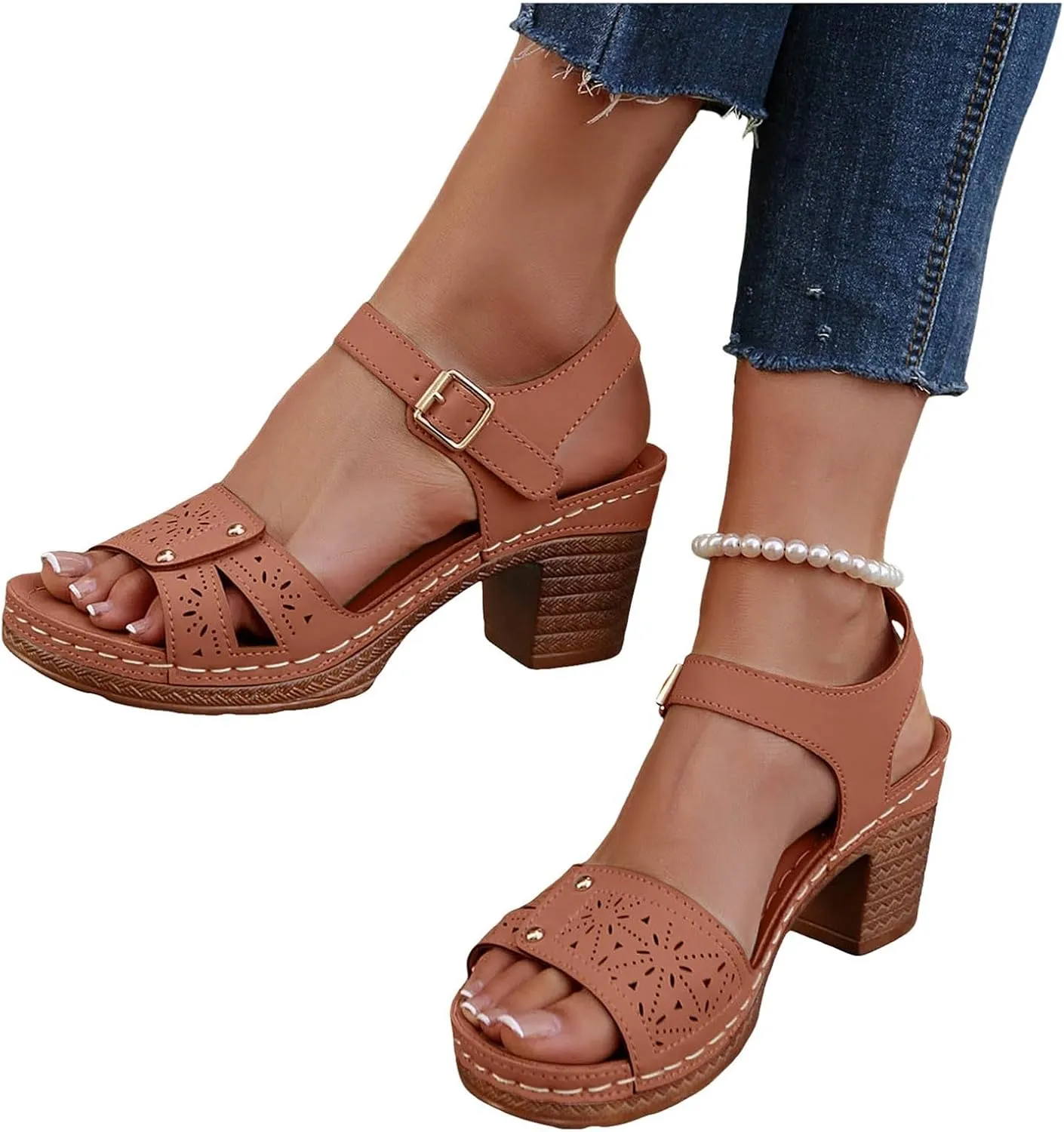 ZSpzx Block Heel Sandals for Women 2025 Comfort Dressy Summer Arch Support Women's Chunky Mid Heels Low Open Toe Ankle Strap Sandal Dress Straps Hollow Out Comfortable Walking Shoes for Daily Wear