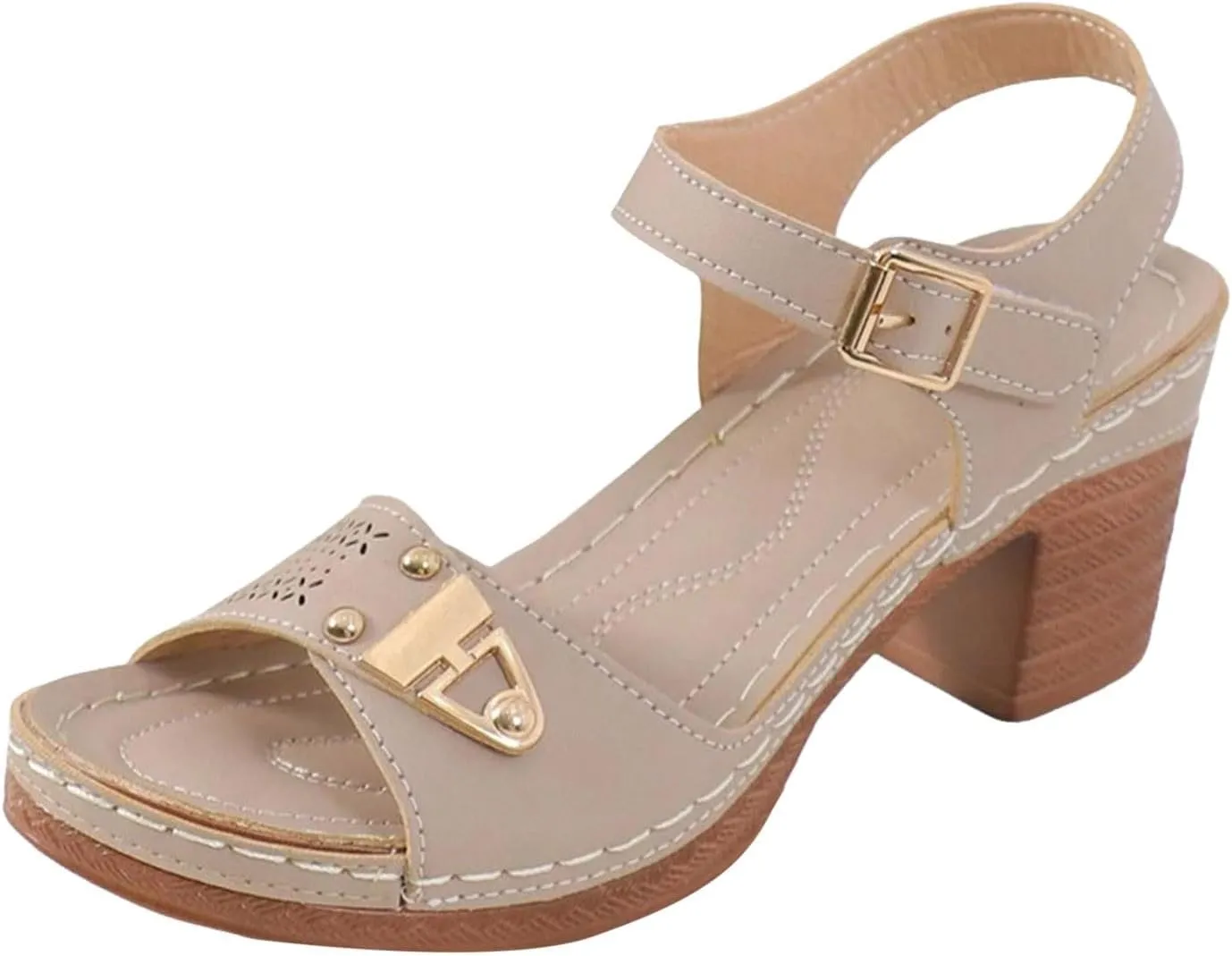 ZSpzx Block Heel Sandals for Women 2025 Comfort Dressy Women's Chunky Mid Heels Open Toe Ankle Straps Sandal Metal Comfortable Summer Adjustable Wide Width Walking Shoes for Daily Wear