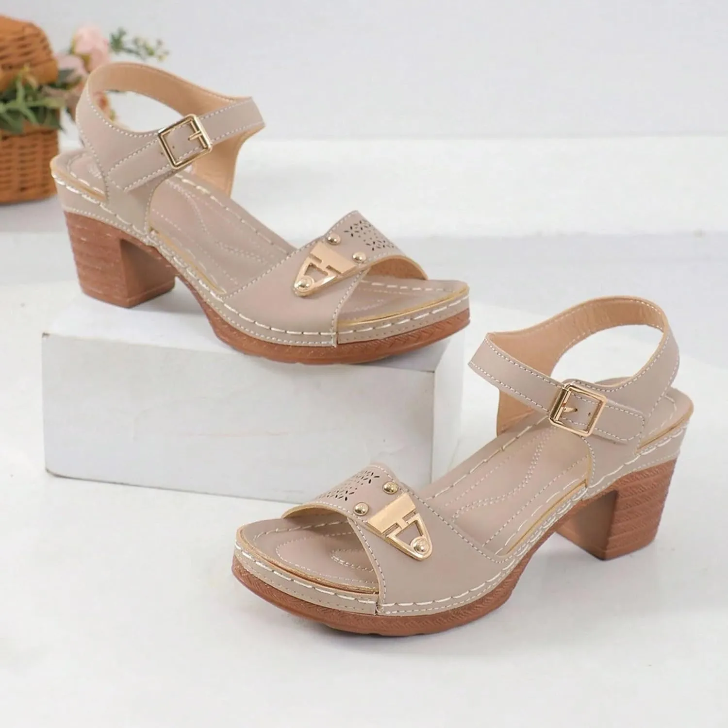 ZSpzx Block Heel Sandals for Women 2025 Comfort Dressy Women's Chunky Mid Heels Open Toe Ankle Straps Sandal Metal Comfortable Summer Adjustable Wide Width Walking Shoes for Daily Wear