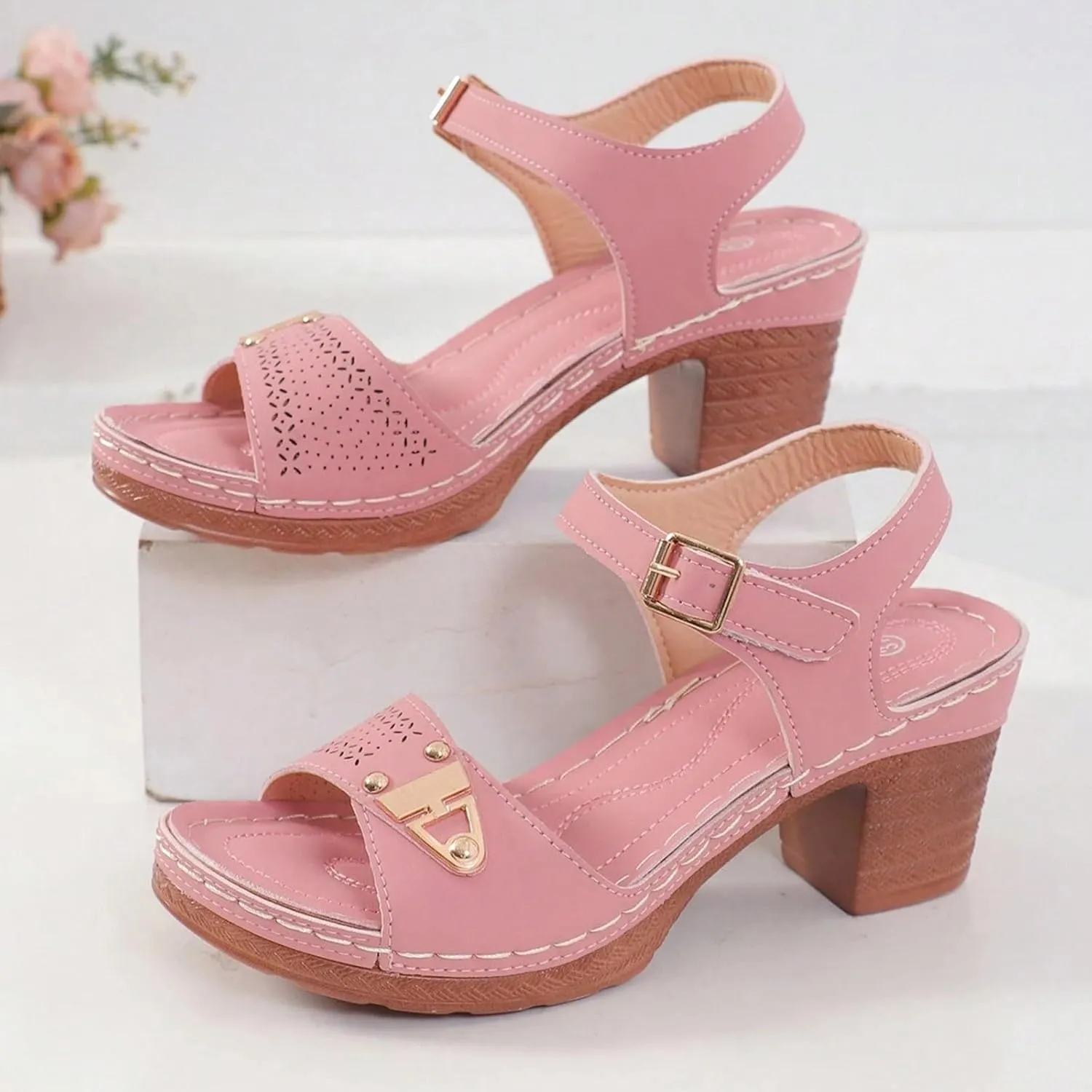 ZSpzx Block Heel Sandals for Women 2025 Comfort Dressy Women's Chunky Mid Heels Open Toe Ankle Straps Sandal Metal Comfortable Summer Adjustable Wide Width Walking Shoes for Daily Wear