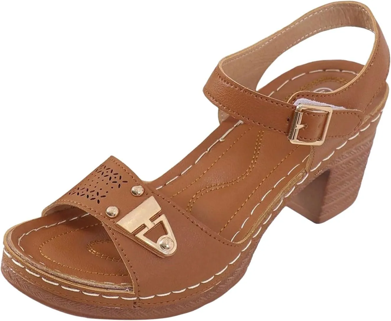 ZSpzx Block Heel Sandals for Women 2025 Comfort Dressy Women's Chunky Mid Heels Open Toe Ankle Straps Sandal Metal Comfortable Summer Adjustable Wide Width Walking Shoes for Daily Wear
