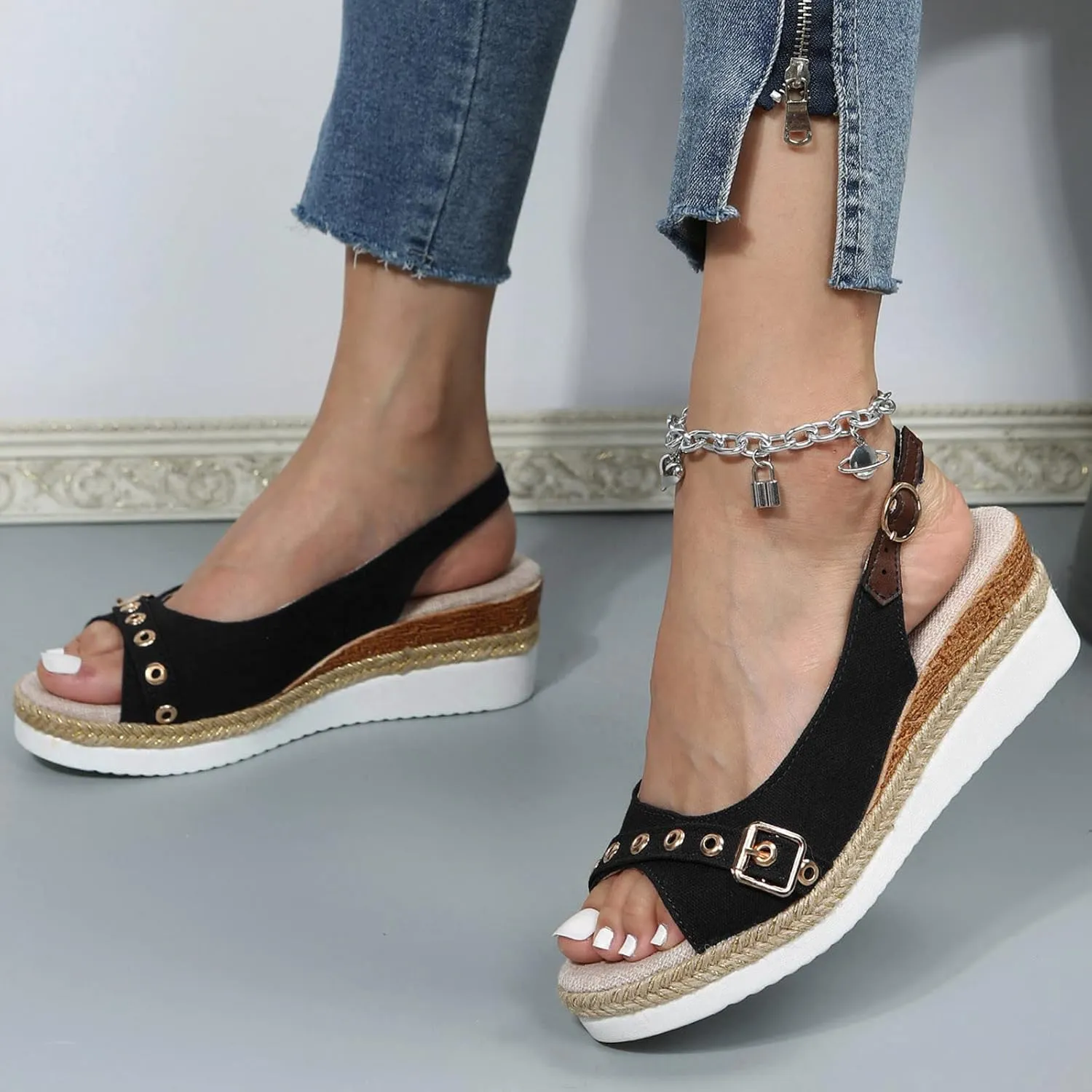 ZSpzx Wedge Sandals For Women 2025,Womens Open Toe Ankle Strap Shoes Espadrille Wedge Sandals Comfortable Dressy Summer Platform Slip on Fish Mouth Wedges On Slides Beach Casual Walking Sandal