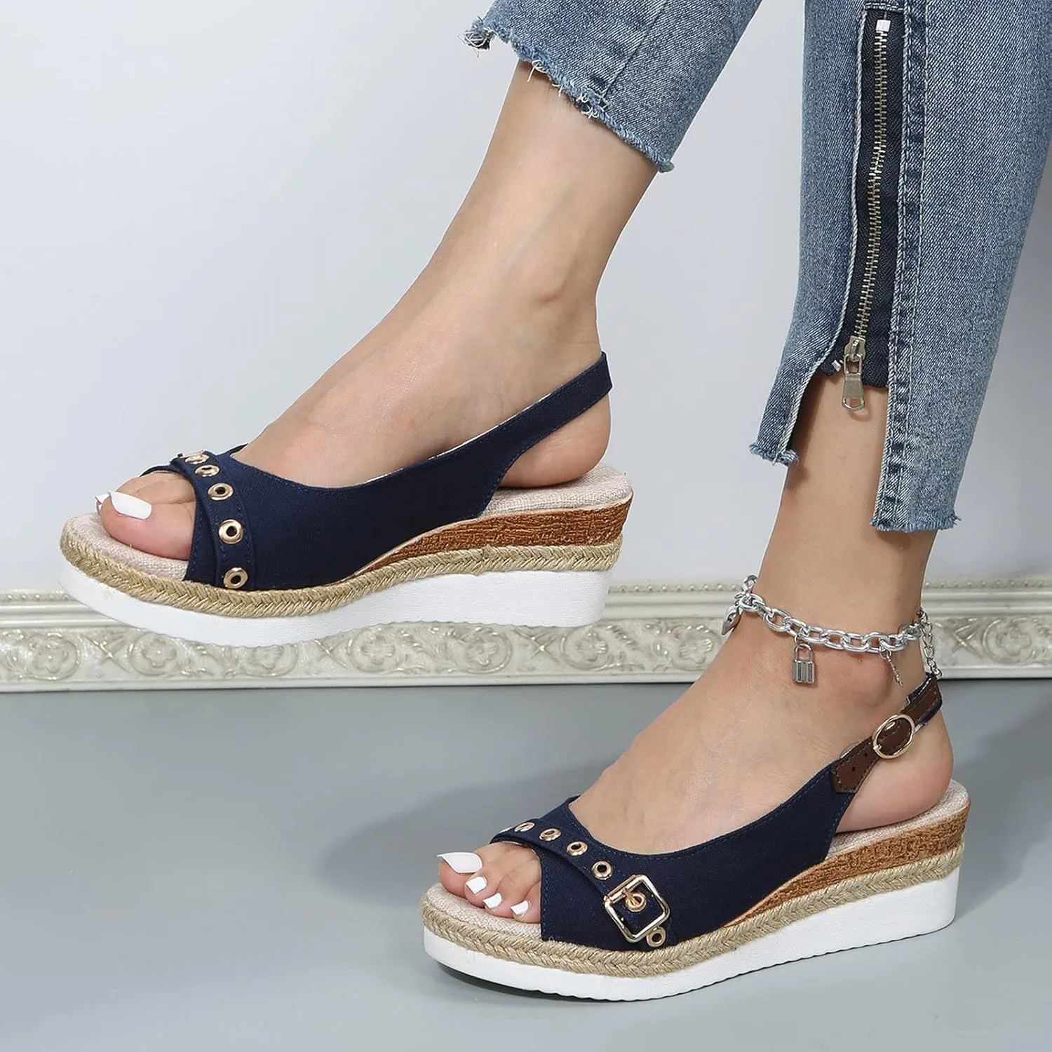 ZSpzx Wedge Sandals For Women 2025,Womens Open Toe Ankle Strap Shoes Espadrille Wedge Sandals Comfortable Dressy Summer Platform Slip on Fish Mouth Wedges On Slides Beach Casual Walking Sandal