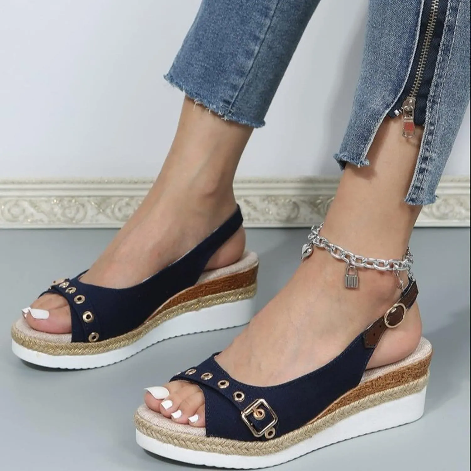 ZSpzx Wedge Sandals For Women 2025,Womens Open Toe Ankle Strap Shoes Espadrille Wedge Sandals Comfortable Dressy Summer Platform Slip on Fish Mouth Wedges On Slides Beach Casual Walking Sandal