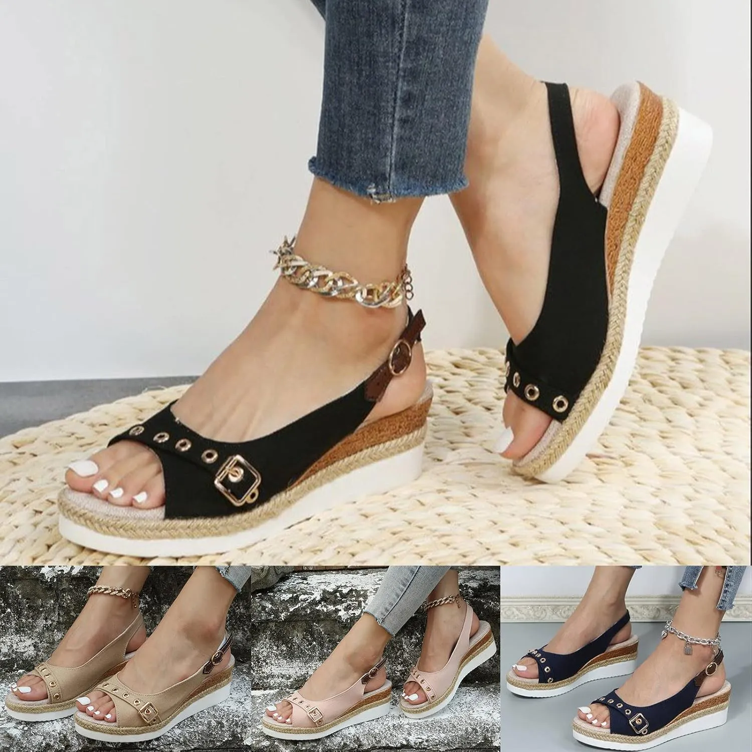 ZSpzx Wedge Sandals For Women 2025,Womens Open Toe Ankle Strap Shoes Espadrille Wedge Sandals Comfortable Dressy Summer Platform Slip on Fish Mouth Wedges On Slides Beach Casual Walking Sandal