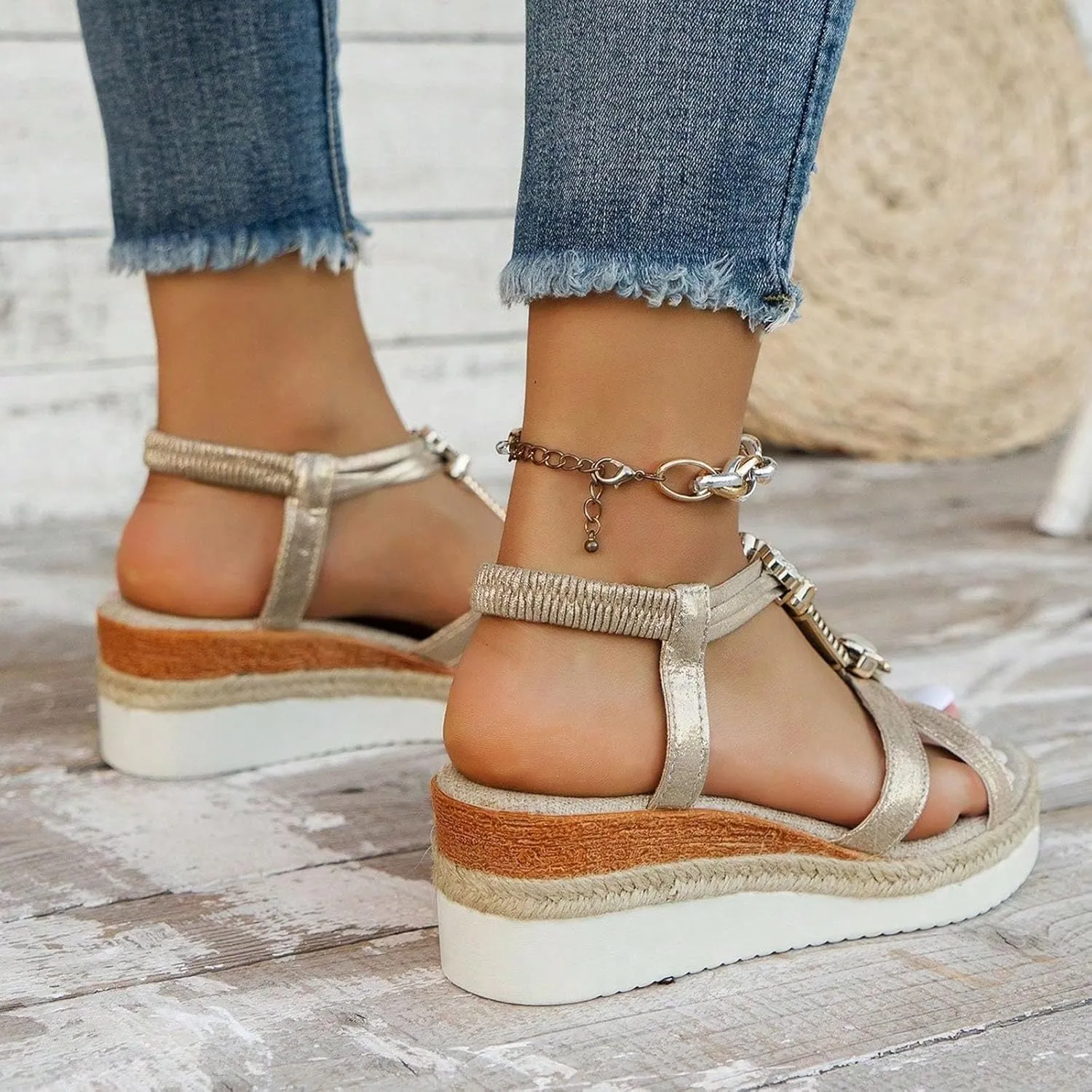 ZSpzx Women's T-Strap Wedge Sandal,Comfortable Open Toe Sandal Rhinestone Beaded Wedge Sandals Slip On Dressy Flat Arch Support Low Heel Elastic Ankle Strap Summer Womens Bohe Walking Beach Shoes