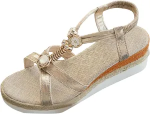 ZSpzx Women's T-Strap Wedge Sandal,Comfortable Open Toe Sandal Rhinestone Beaded Wedge Sandals Slip On Dressy Flat Arch Support Low Heel Elastic Ankle Strap Summer Womens Bohe Walking Beach Shoes