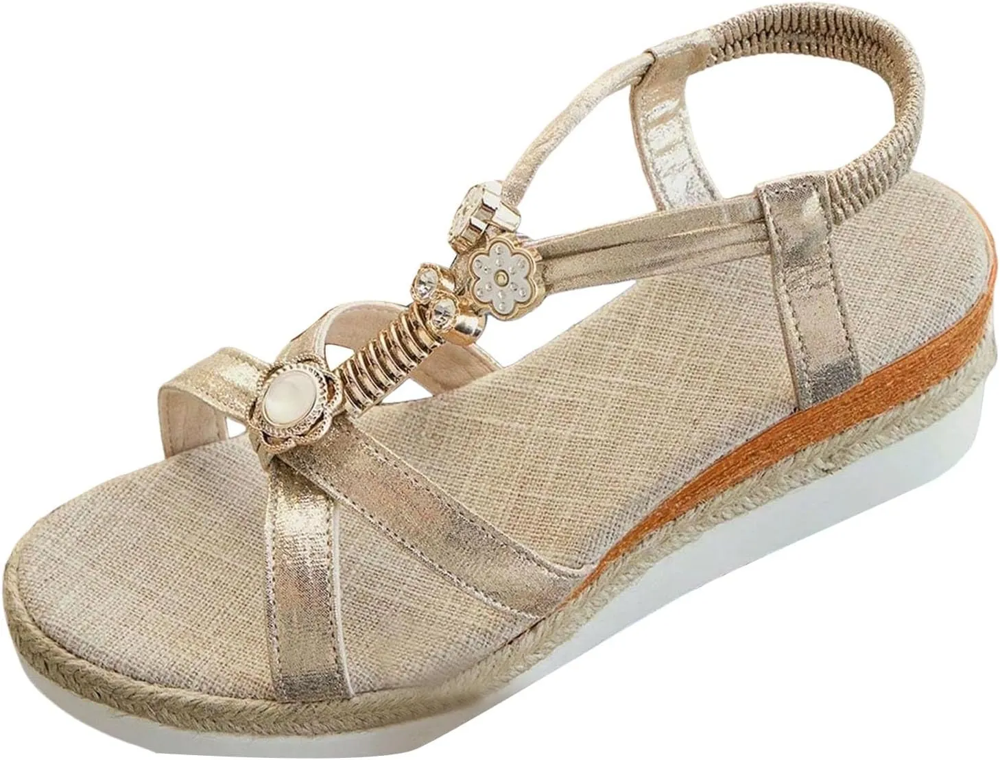 ZSpzx Women's T-Strap Wedge Sandal,Comfortable Open Toe Sandal Rhinestone Beaded Wedge Sandals Slip On Dressy Flat Arch Support Low Heel Elastic Ankle Strap Summer Womens Bohe Walking Beach Shoes